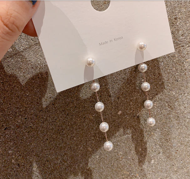 Korean Pearl Long Fashion Net Red S Temperament Chain Tassel Earrings Suitable For Round Face Show Face Thin Ear Line Women