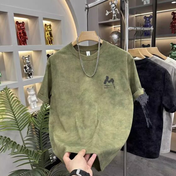 2025 Summer New Washed Printed Letter Short-sleeved T-shirt Men's Hong Kong-style Trendy Ins Casual Loose Cotton Top