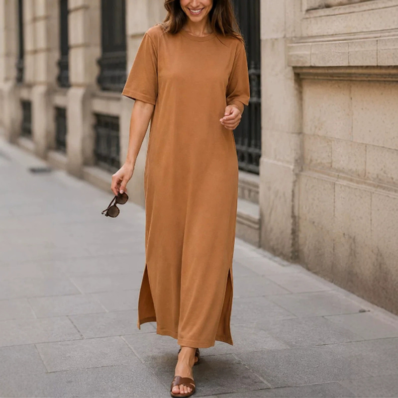 2026 New Cross-Border European and American Casual T-Shirt Dress, Round Neck, Short Sleeves, Side Slits, Solid Color, Straight Long Dress 2026 New Cross-Border European and American Casual T-Shirt Dress, Round Neck, Short Sleeves, Side Slits, Solid Color, Straight Long Dress