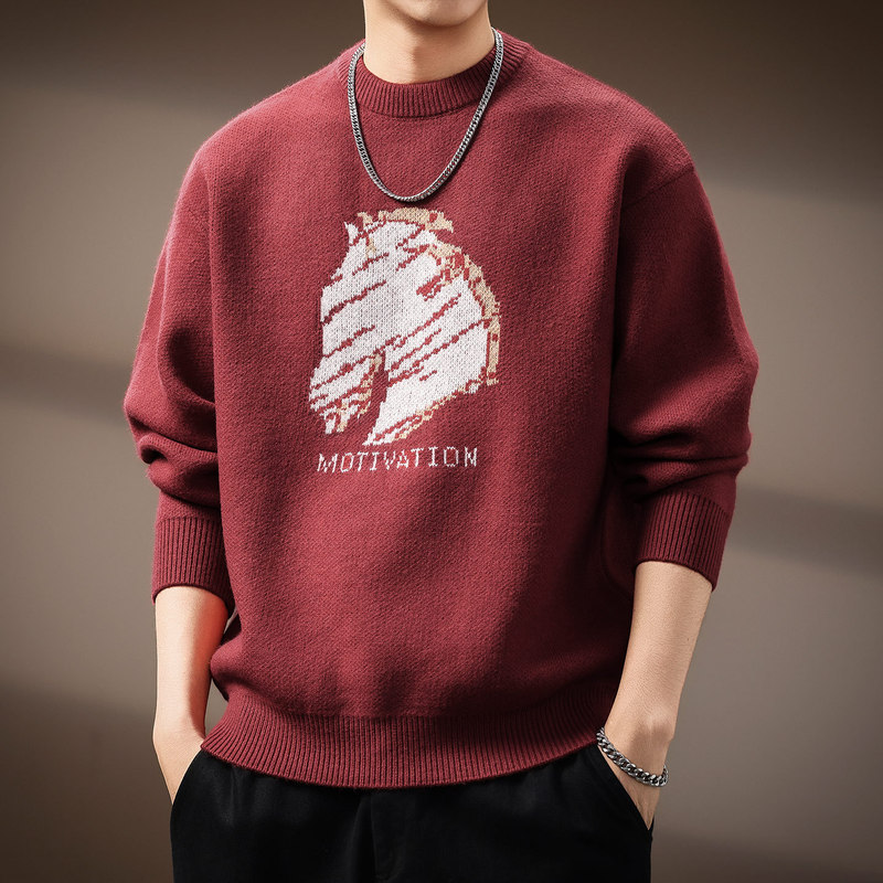 High-End Zodiac Year Horse Print Knitwear Men's Autumn and Winter New Trendyy Inner Casual Round Neck Knitwear