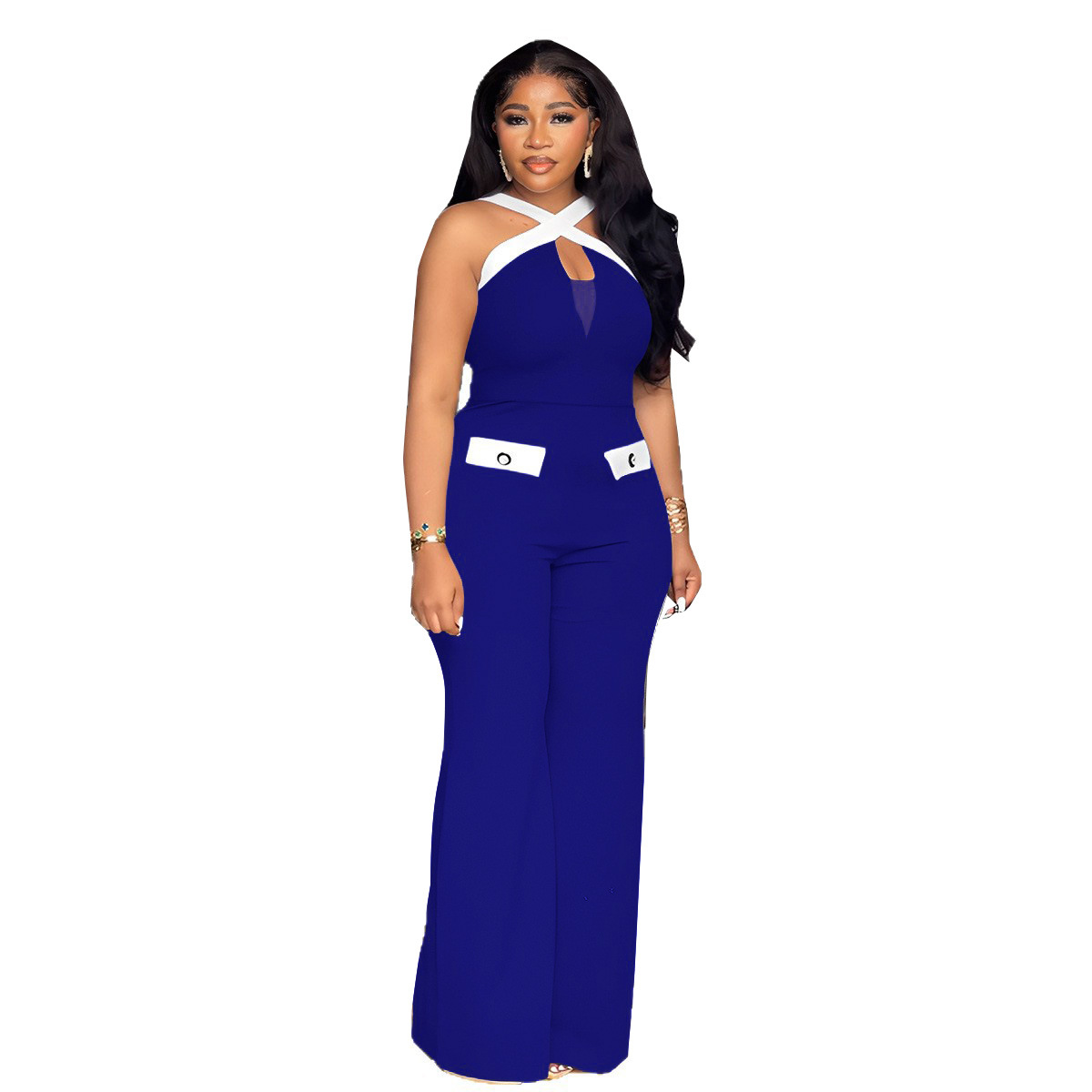 Elegant Women's Colour Block Jumpsuit Slim Fit Wide Leg Strappy_voghion.com