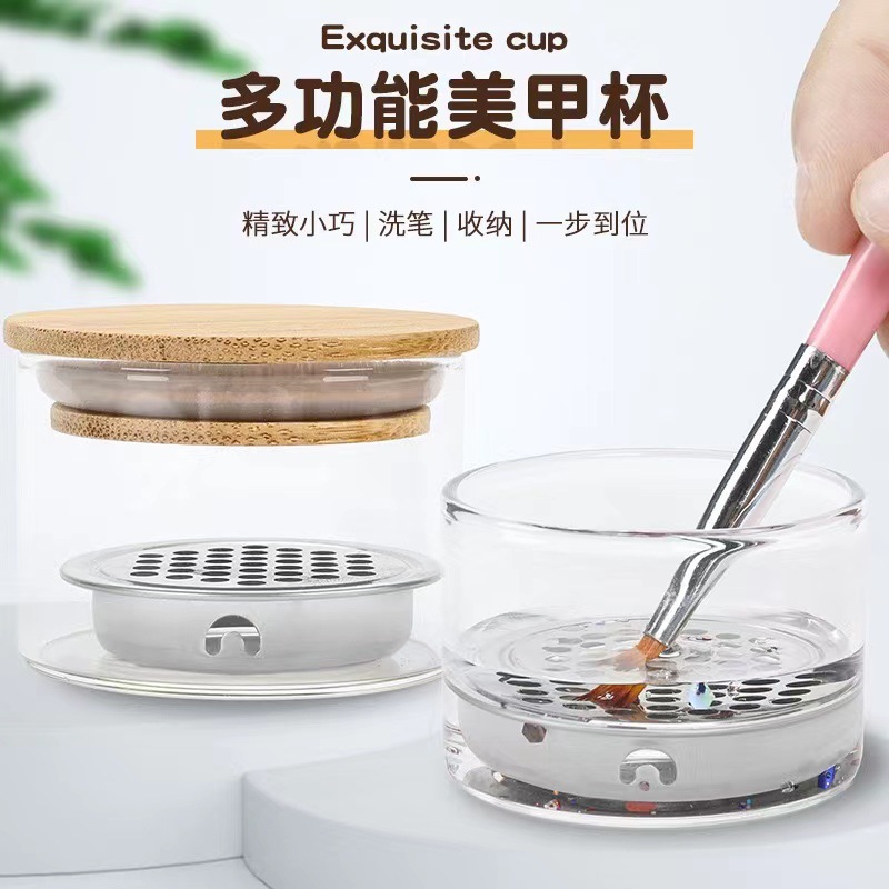Uñas engrosadas vidrio lavado pluma taza de cristal filtro malla Acero inoxidable Copa fototerapia cepillo herramienta limpieza al por mayor