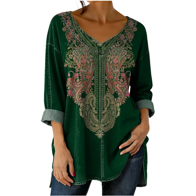 Independent Site Cross-Border Foreign Trade Vintage Plant-Patterned Loose Long T-Shirt Dress, Long-Sleeved, Figure-Flattering, Comfortable Casual Top Independent Site Cross-Border Foreign Trade Vintage Plant-Patterned Loose Long T-Shirt Dress, Long-Sleeved, Figure-Flattering, Comfortable Casual Top