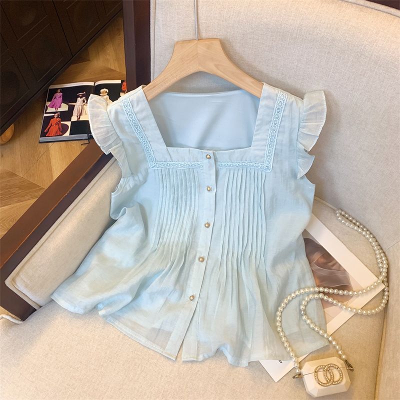 Fresh and Simple Pleated Accordion Design Square-Neck Sleeveless Blouse for Women, Summer Sweet Flutter-Sleeve Chiffon Top