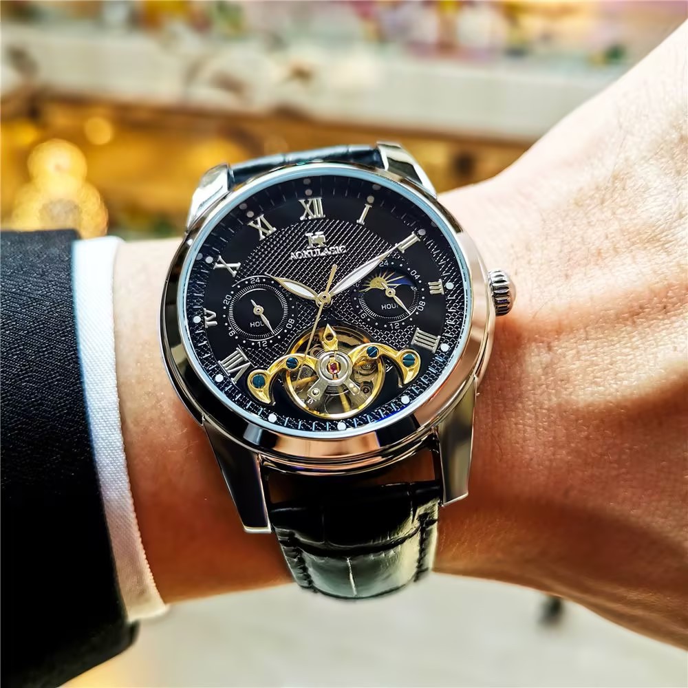 Men's Mechanical Skeleton Watch Automatic Tourbillon Business Gold_voghion.com