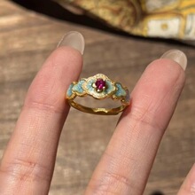 Vintage复古蓝花珐琅滴釉红宝石戒指新中式优雅高贵宫廷风食指戒