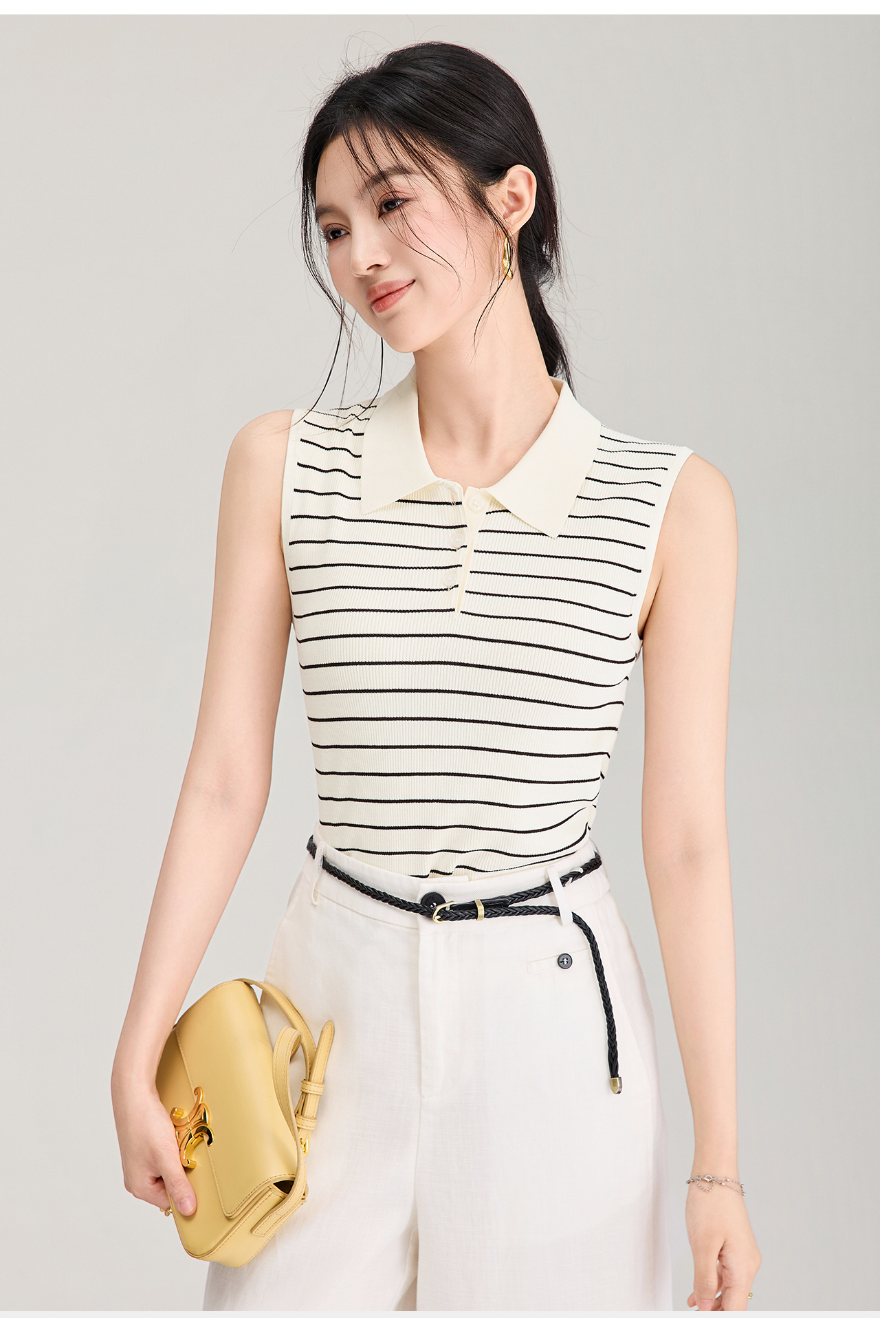 Áo vest dệt kim sợi tơ tằm cổ tròn tay ngắn mùa hè — màu đen chi tiết 5