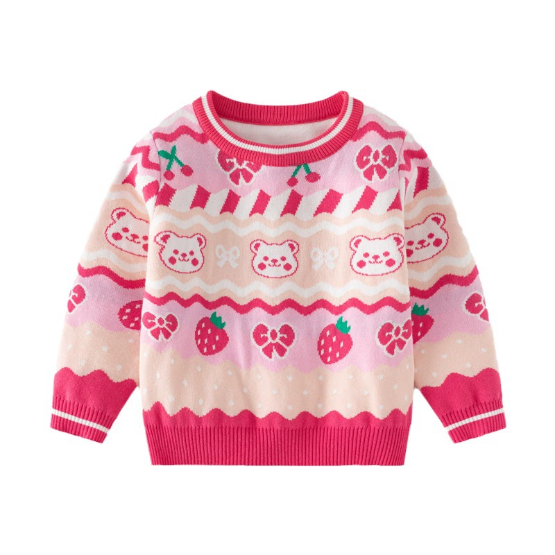 Фуксия свитер, осень детский knitted клубника, корейский стиль, детская одежда, с маленькими медведями