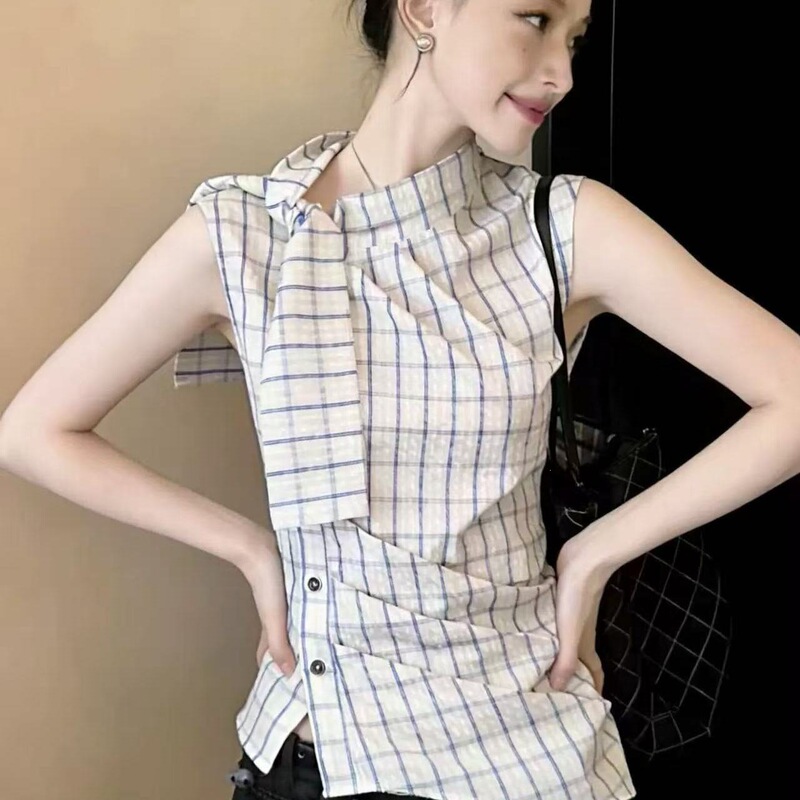 Korean-Style Niche Plaid High-Neck Tie-Waist Shirt for Women, New Summer Slim-Fit, Slimming, Elegant, Versatile Top Korean-Style Niche Plaid High-Neck Tie-Waist Shirt for Women, New Summer Slim-Fit, Slimming, Elegant, Versatile Top