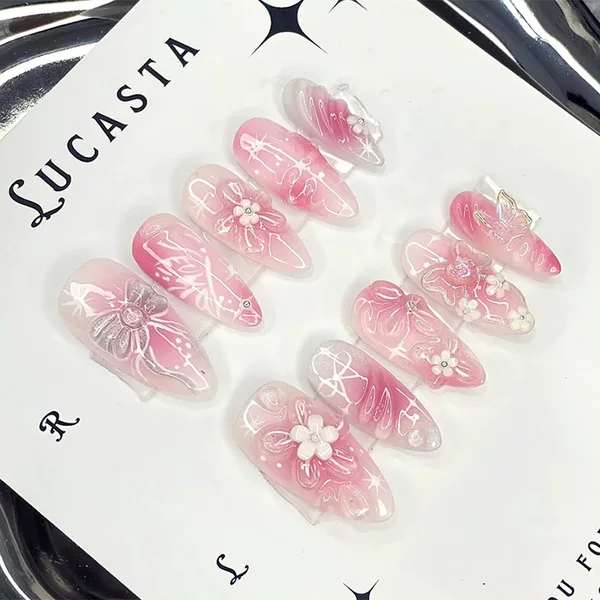 Three-Dimensional Cat-Eye Ice Flower Smudged Smart Aurora Butterfly Sweet and Versatile European and American Ins Style Removable Manicure 24 Pieces