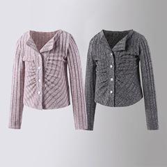 2024新款女童褶皺小翻領開衫復古修身收腰顯瘦短款長袖打底上衣