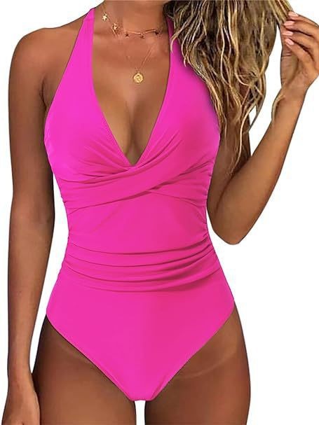 Europa y América trajes de baño femeninos profundos V impresión cuello colgante trajes de baño de espalda descubierto para cubrir el abdomen delgado trajes de baño de vacaciones junto al mar mujeres
