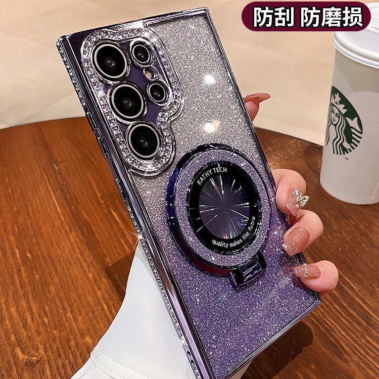 サムスン S25 保護ケース S22 サイドドリル携帯電話ケース s24 透明ラインストーン磁気ホルダー A56 落下防止グリッターに適しています|undefined
