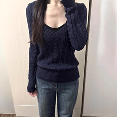 美式辣妹2025年秋季修身V领绞花针织衫女新款收腰内搭上衣针织衫