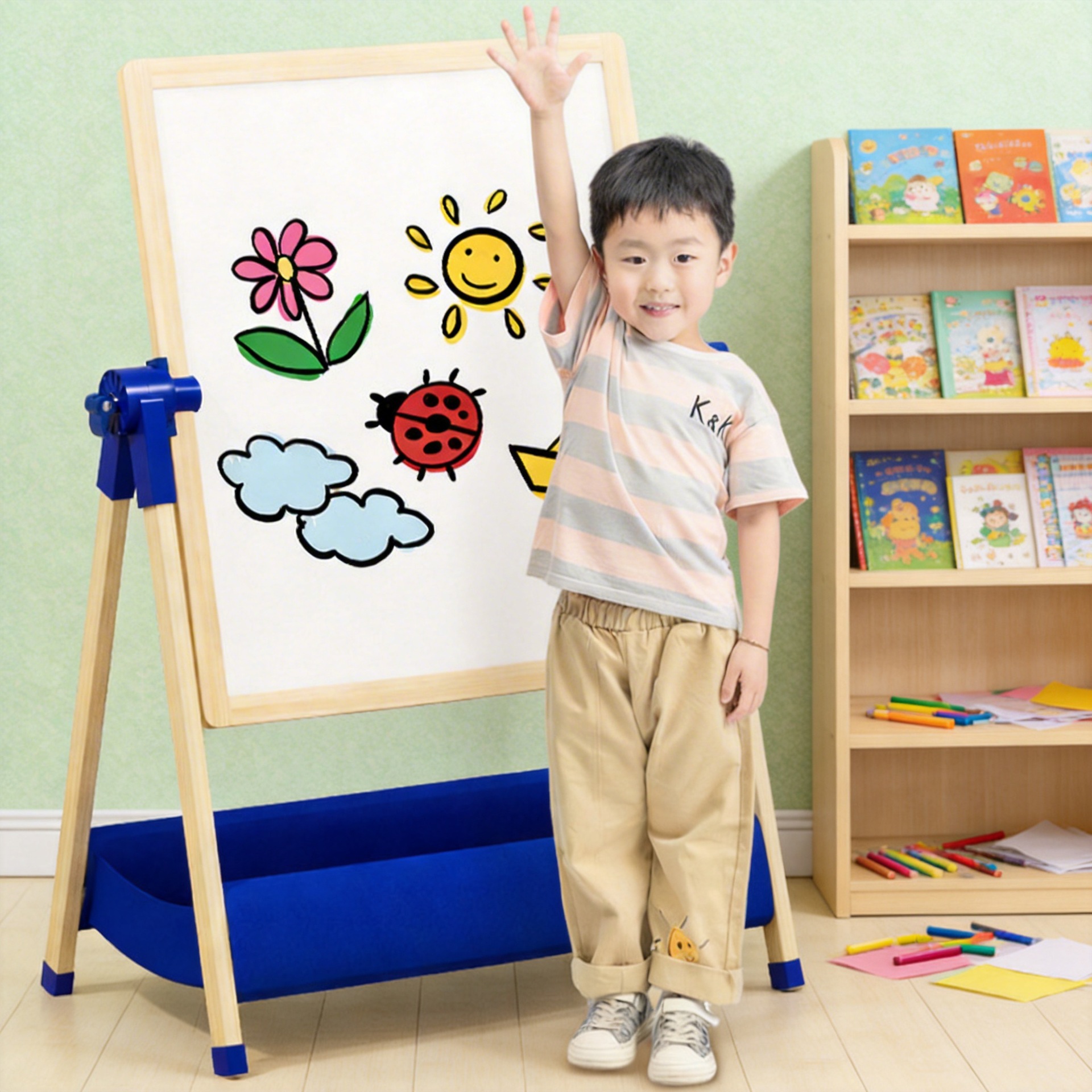 Pizarra infantil multifuncional pequeña, tipo soporte, giratoria, para enseñanza, grafiti, magnética, de madera, para dibujar.