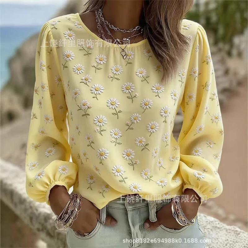 New 3D Printed Women's Long-Sleeve Pullover Round-Neck Floral Pattern Casual T-Shirt for Cross-Border Amazon Independent Sites