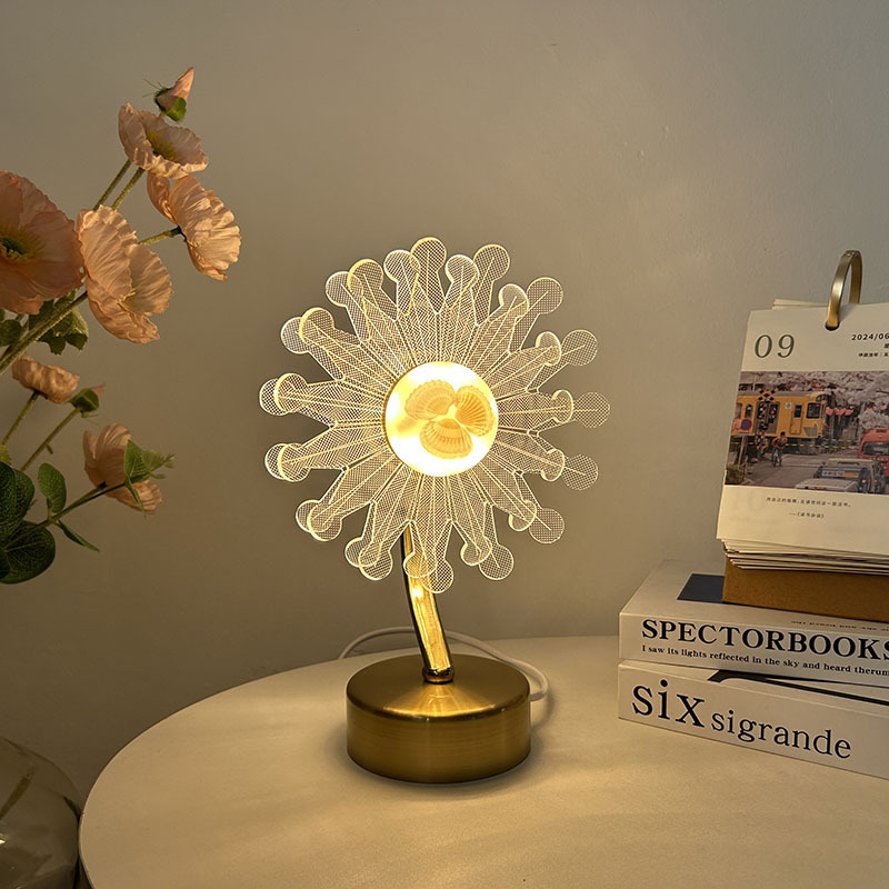 Nuevos productos transfronterizos flores de corona acrílico lámpara de mesa metálica dormitorio cabecera lámpara decorativa de atmósfera creativa lámpara reemplazable