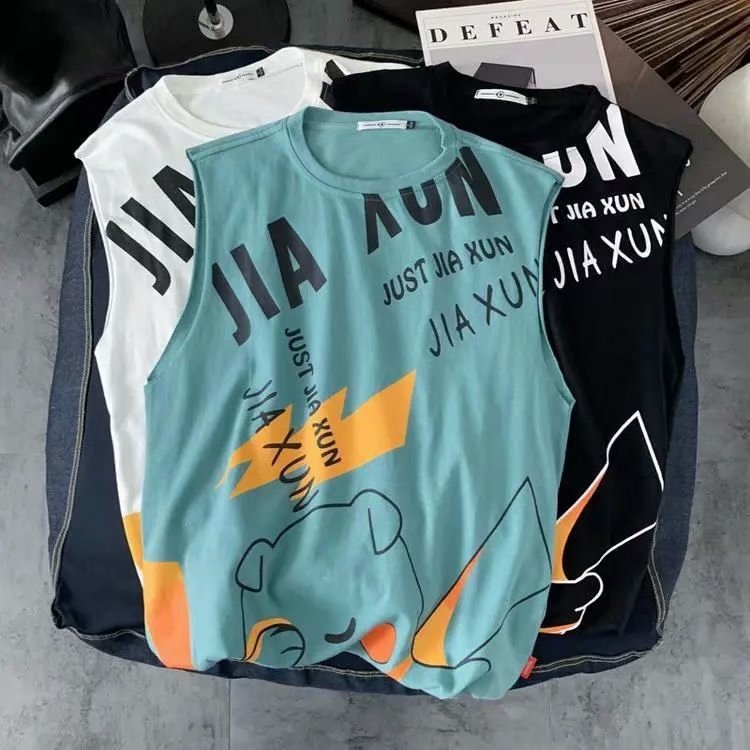 夏季ins帅气卡通人物涂鸦印花坎肩运动背心男潮牌大码宽松无袖T恤|ms