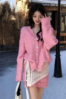 开衫毛衣女针织花边秋冬季高腰短裙套装两件棉涤混纺有吊牌串珠