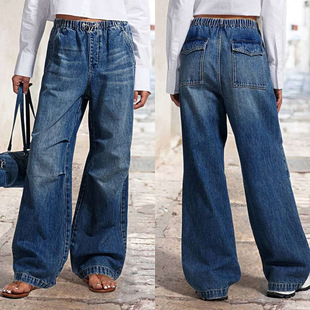 2025 Spring New European and American Cross-border Mid-waist Wide-leg Pleated Loose Jeans Women's Street Retro Straight Pants