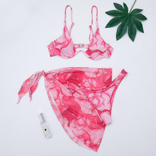 Split Triangle Sexy Bikini for Women with Marble Pattern Three-Piece Swimsuit