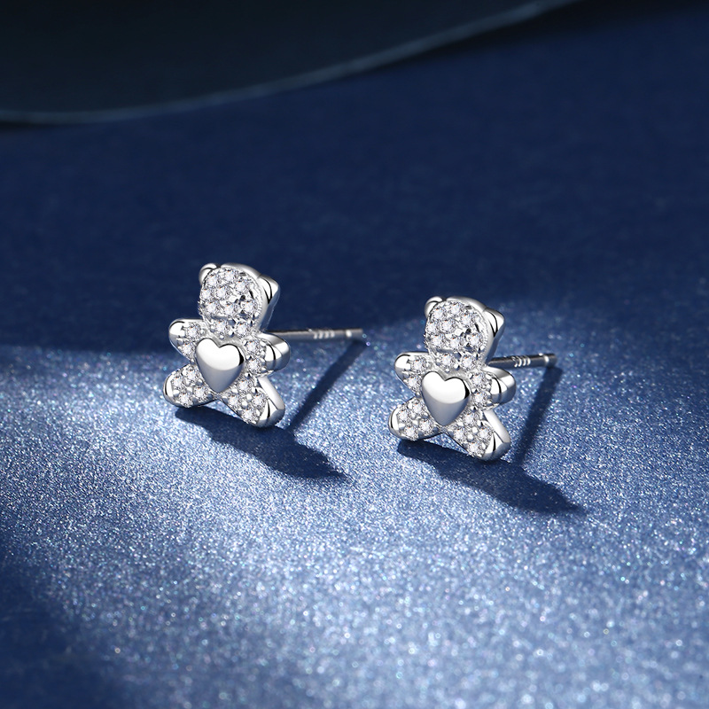 5g Weight 1 Pair 925 Sterling Silver Bear Heart Shape Ear Studs