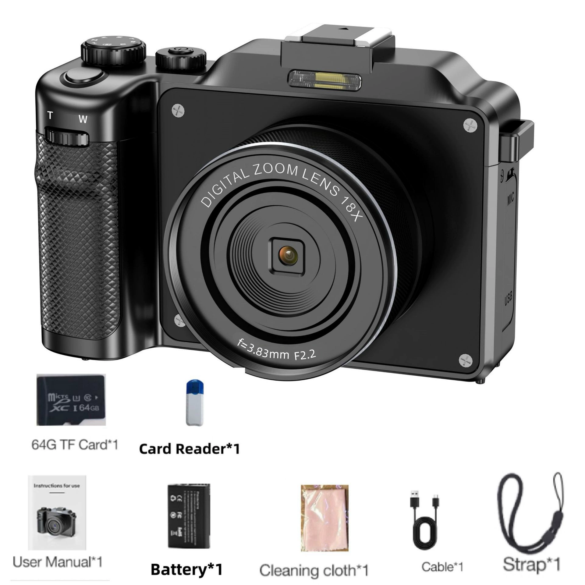 Англоязычная версия 4K HD 64МП ретро цифровая камера с HD-экраном, 18× зумом, антишоком, режимом "красота" X9