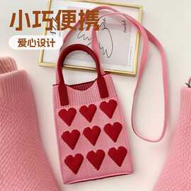 针织手机包女韩版百搭单肩斜跨包出游零钱包新款爱心卡通小手提包
