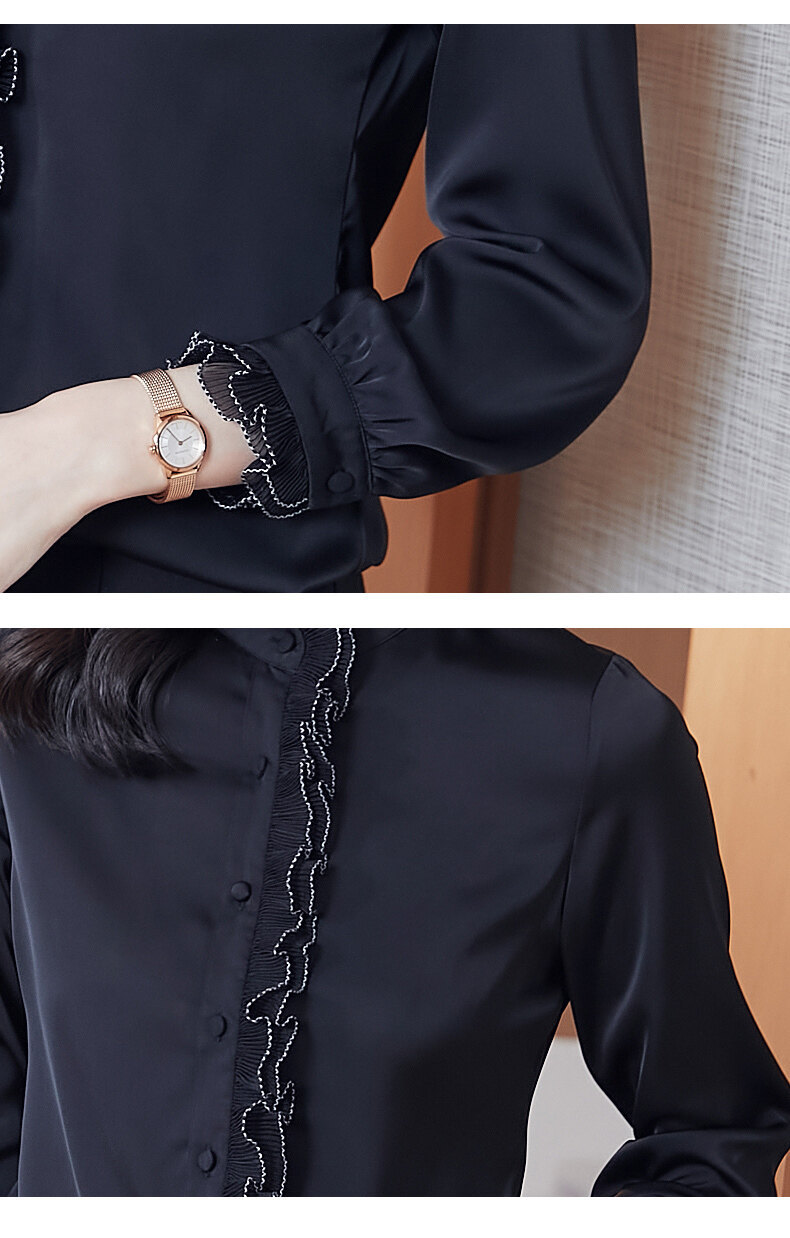Satin chiffon stand-up collar, black ear-trimmed shirt for women, long-sleeved 2022 new Spring and autumn style, lace pic 25