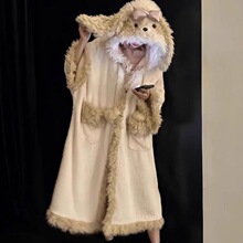 可爱毛茸茸小狗珊瑚绒睡衣女冬加厚可爱保暖法兰绒睡袍家居服套装