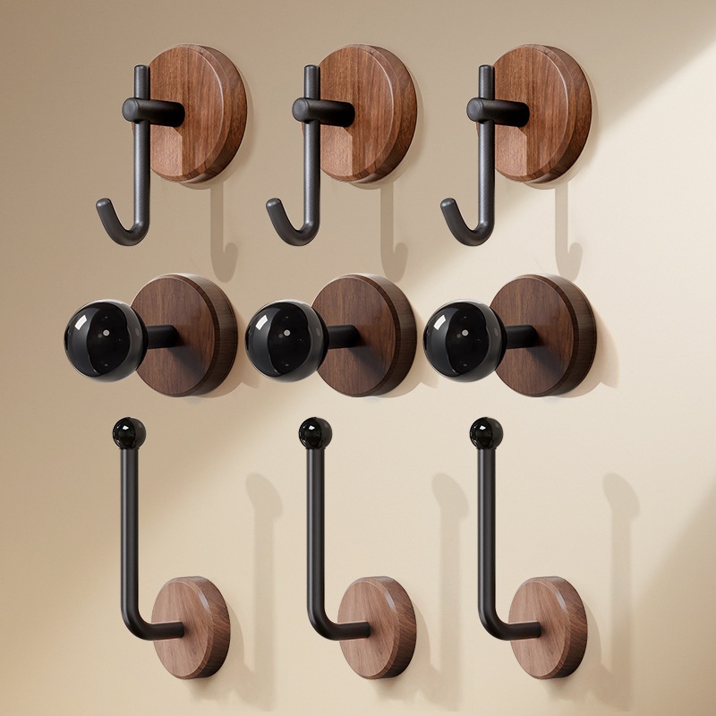 Walnut Solid Wood Hooks, No-Drill Adhesive Hooks, Wall-Mounted Hooks for Hanging Clothes and Hats Behind Doors or on Walls