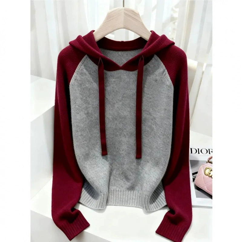 Retro Color-Block Hooded Sweater with Drawstring for Women, 2026 Spring New Style, Age-Reducing, Slimming, Casual Knit Top, Trendy Retro Color-Block Hooded Sweater with Drawstring for Women, 2026 Spring New Style, Age-Reducing, Slimming, Casual Knit Top, Trendy