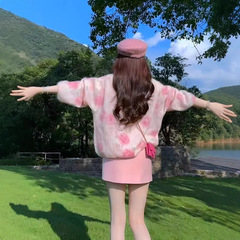 温柔风粉色花朵针织开衫女2025秋季新款宽松显瘦百搭毛衣外套上衣