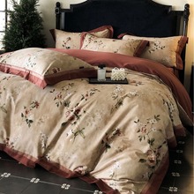 复古美式100S新疆长绒棉磨毛四件套纯棉印花秋冬保暖被套轻奢床品