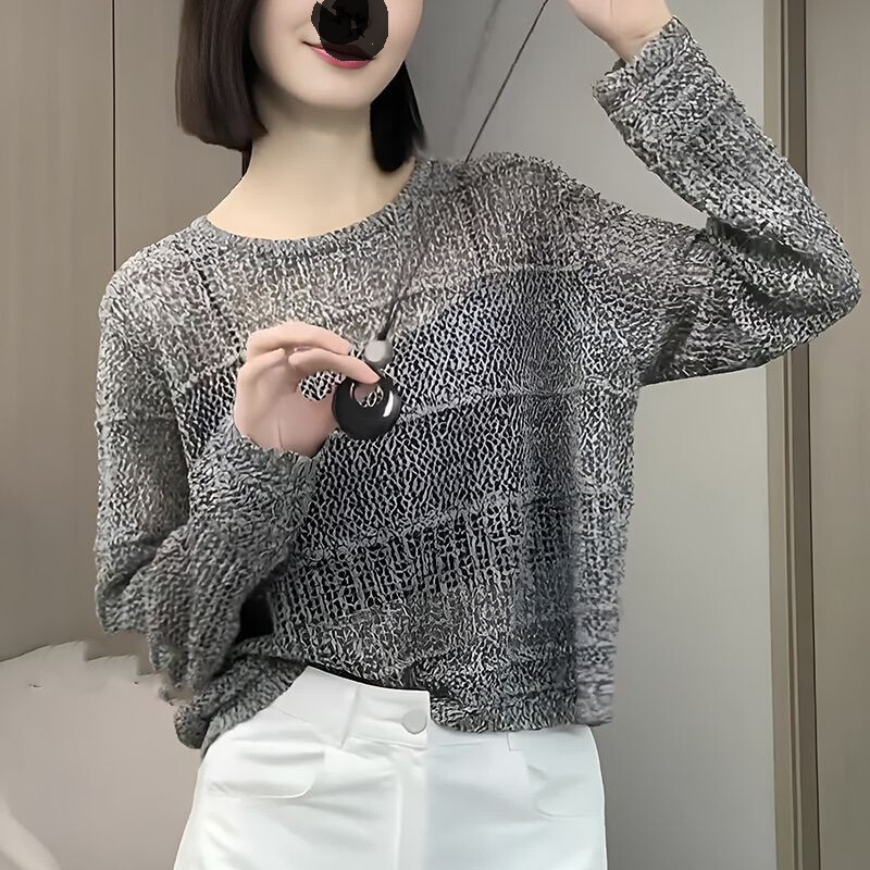 Silver-Gray Hollow-Out Design Summer Sweater, Long-Sleeve Knitwear, Thin Knit Short Sun-Protective Loose Cover-Up Top