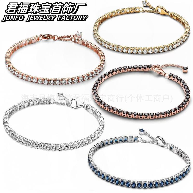 Pandora Shining Tennis Bracelet Blue Adjustable Stackable Silver-plated Gold-plated DIY Fashion Rai Diamond Pair Set