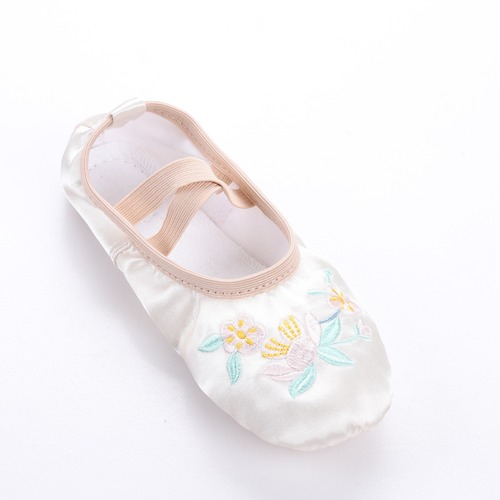 Champagne Satin Embroidered Large Floral Chinese Style Stage Performance Shoes for Adults Soft Sole Ballet Dance Shoes Cat Paw Yoga Shoes