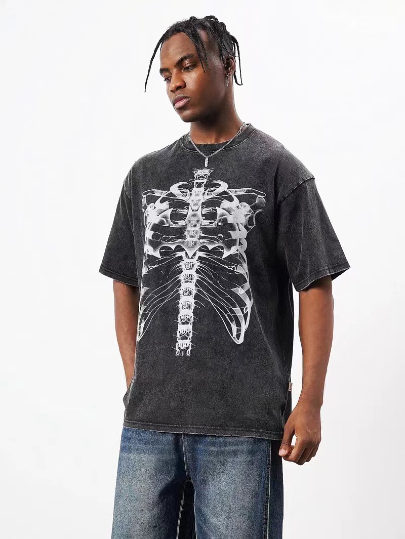 Lavar con agua para hacer viejos esqueleto impreso camiseta de manga corta hombre y mujer oversize casual manga de hombro en la parte superior esqueleto universal