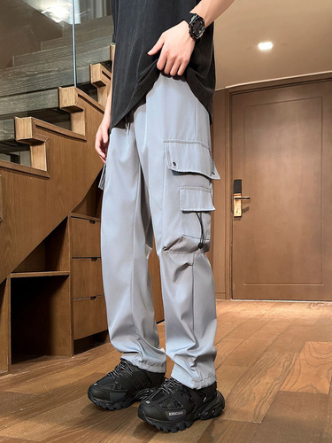 Japanese retro work pants for men, summer loose design, popular multi-pocket casual wide-leg floor-length pants