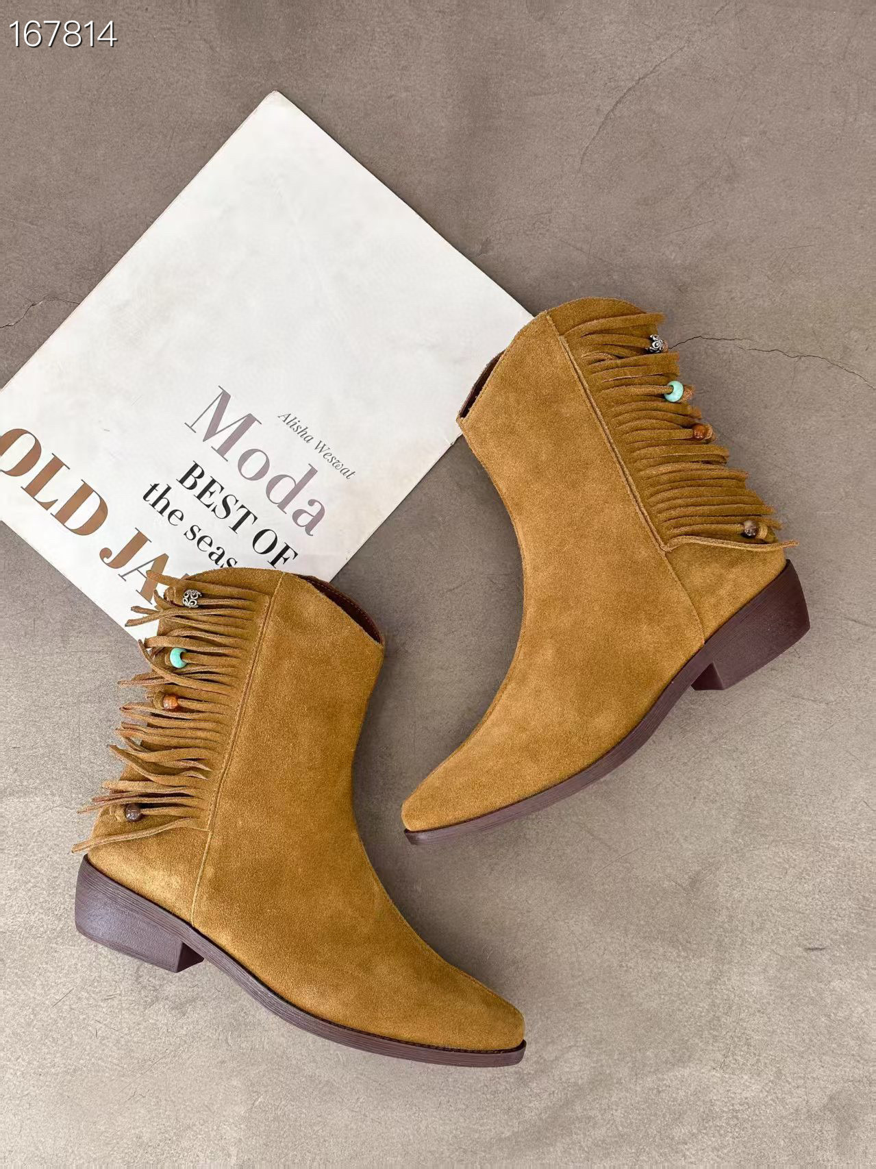 Boot nữ cổ thấp mũi vuông gót thấp da lộn phong cách Pháp — Màu nâu chi tiết 5