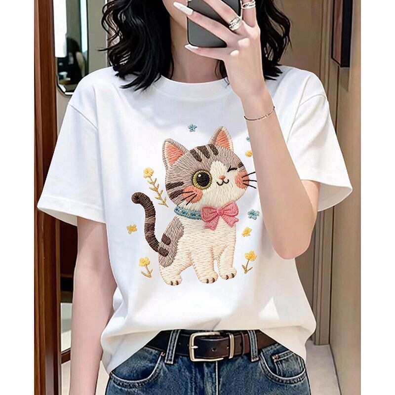 European-Style Pure Cotton White Short-Sleeve T-Shirt for Women, 2026 New Summer Loose Cartoon Print Top
