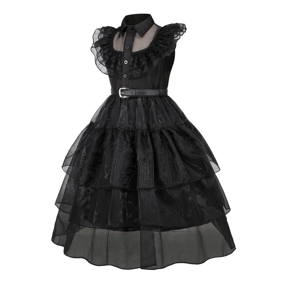 Cross-Border Wednesday Addams Cosplay Costume Children's Version Halloween Black Chiffon Dress One Piece