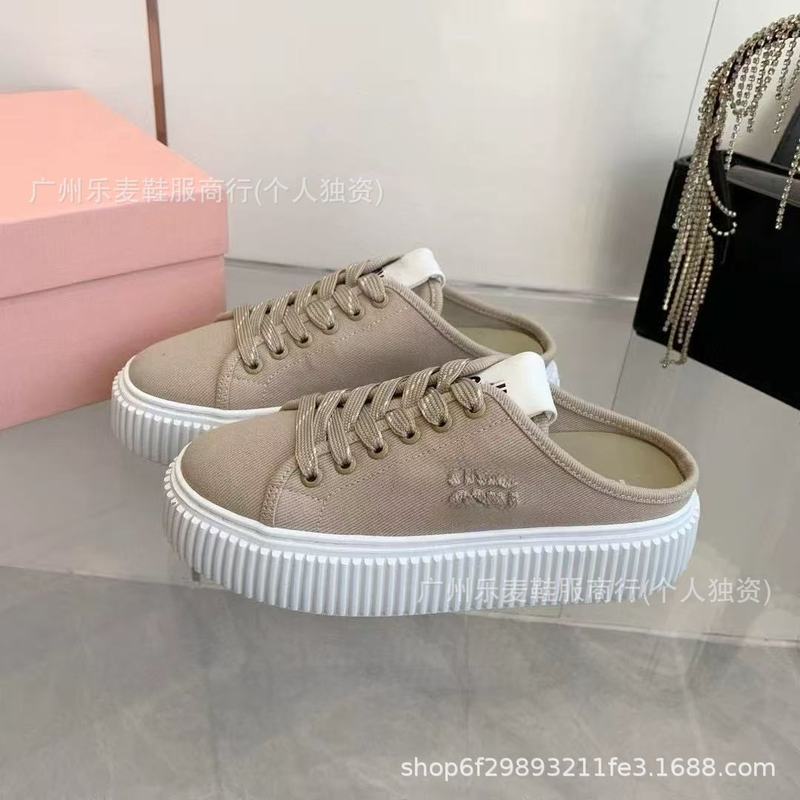 高品质~miu家新款厚底饼干帆布板鞋懒人一脚蹬休闲后空半拖小白鞋|undefined