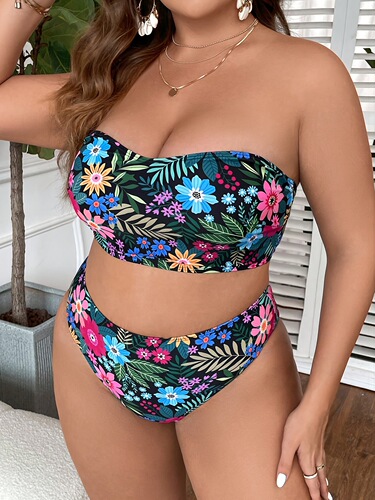 2024 Cross-border Triangle Split Bikini Tops for Plus Size Women, European and American Printed Style, High-Waisted Contour Swimwear