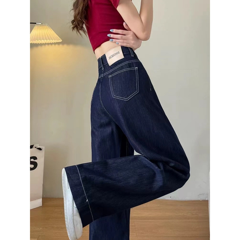 여름 얇은 새 스타일 담그는 타닌 블루 발가락 청바지 높은 허리 스트레이트 올 매치 바지