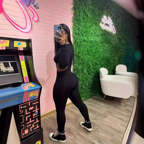 Cross-border new arrivals: European and American-style fashionable hollowed-out sporty-casual tight-fitting long-sleeve women's jumpsuit