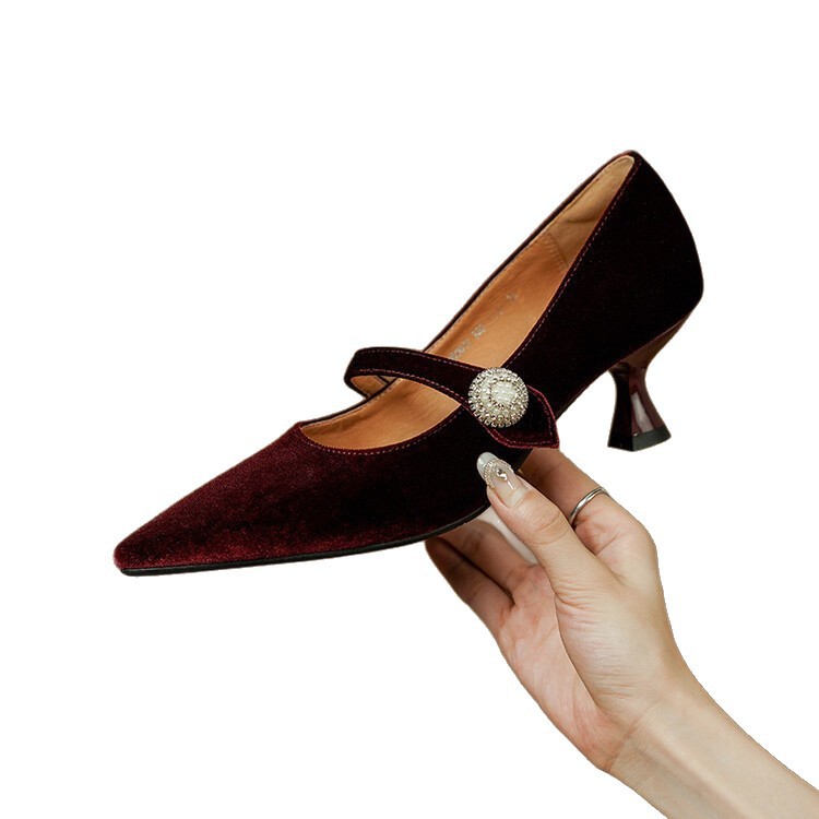 2025 Winter High Heels Sexy Pointed Toe Single Shoes With Pearl Detail, Suede, New Thin Heel, Versatile For Women's_vogvips.com