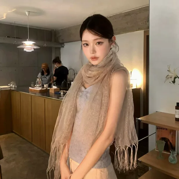 Japanese Maito Alternative Tassel Silk Scarf for Women, Summer Thin Organza Sun Protection Cotton Linen Scarf, Transparent Linen Scarf