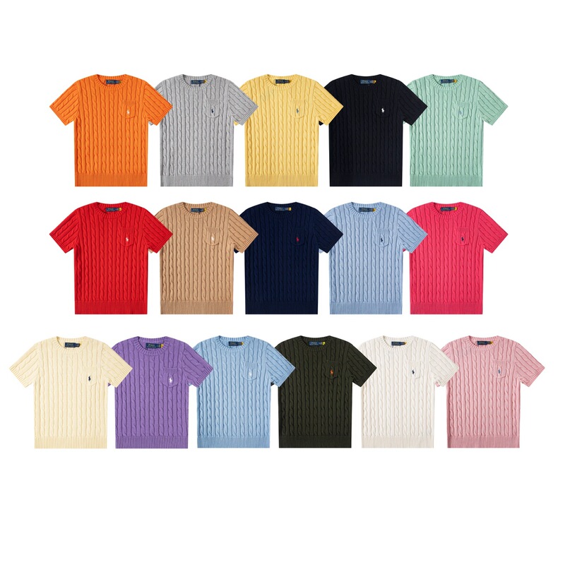 Can Be Scanned for Code/High-Quality Rl Knitted Short-Sleeve T-Shirt with Pony Logo Embroidery, Loose Fit, Crew Neck, with Pockets