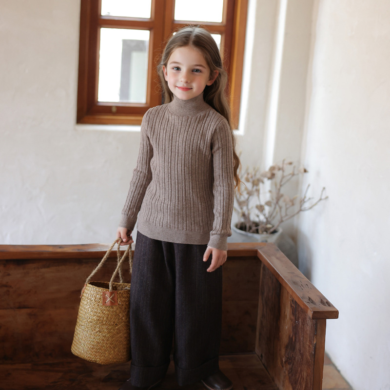 Suéter infantil, camiseta de punto, otoño y invierno, niñas y niños, cuello medio alto, bebé, camiseta de punto de fondo de color sólido, niños y niños
